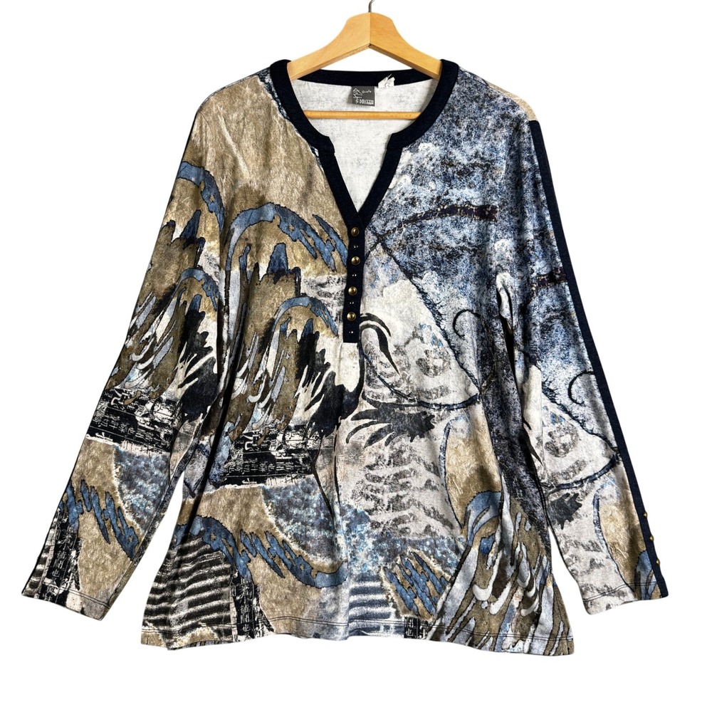 Simply Art by Dolcezza Womens XL Abstract Print Split V-Neck Top Blue Gold 70762